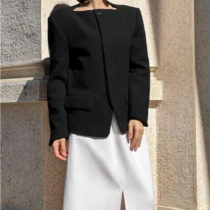 2024深圳南油春季新款香风感一字领气质简约通勤西装外套上衣女