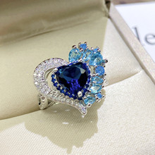 欧美时尚高端气质爱心形满钻指环仿真深蓝坦桑石彩色宝石开口戒指
