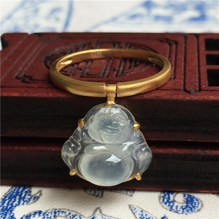 简安翡翠定制18k金镶冰种小佛公翡翠戒指笑口常开冰润产品保真