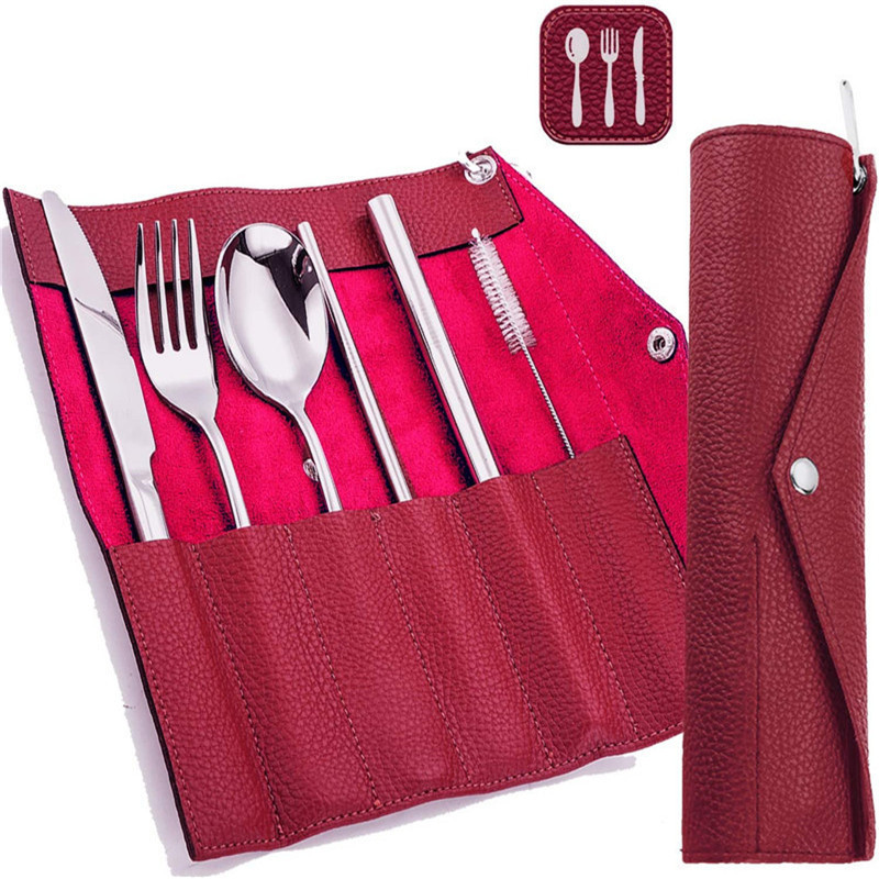 欧美风皮革餐具收纳卷包 户外野餐刀叉勺收纳袋 厨房西餐刀具卷袋-阿