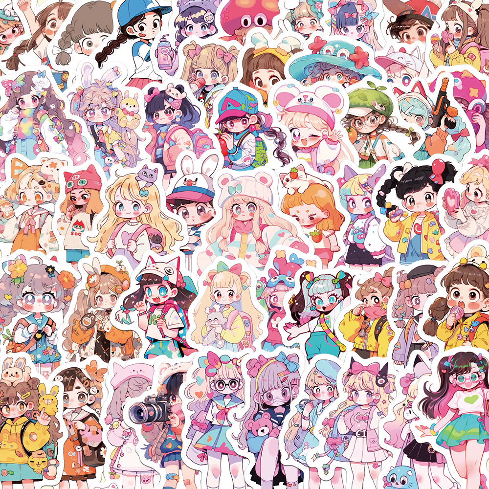 50张卡通少女人物顽趣少女亮膜手账贴纸文具行李箱笔记贴画可批发