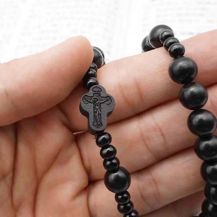 新品黑檀木乌木弹力手串三圈缠绕五端玫瑰念珠天主教圣物饰品手链