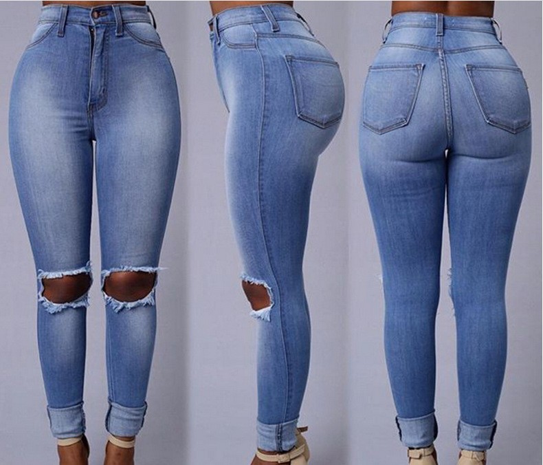 Women's Pants Denim Women's Pants Foreign Trade European and American South America Middle East Knee Ripped Jeans Women's Worn Tappered Pencil Eldest Son