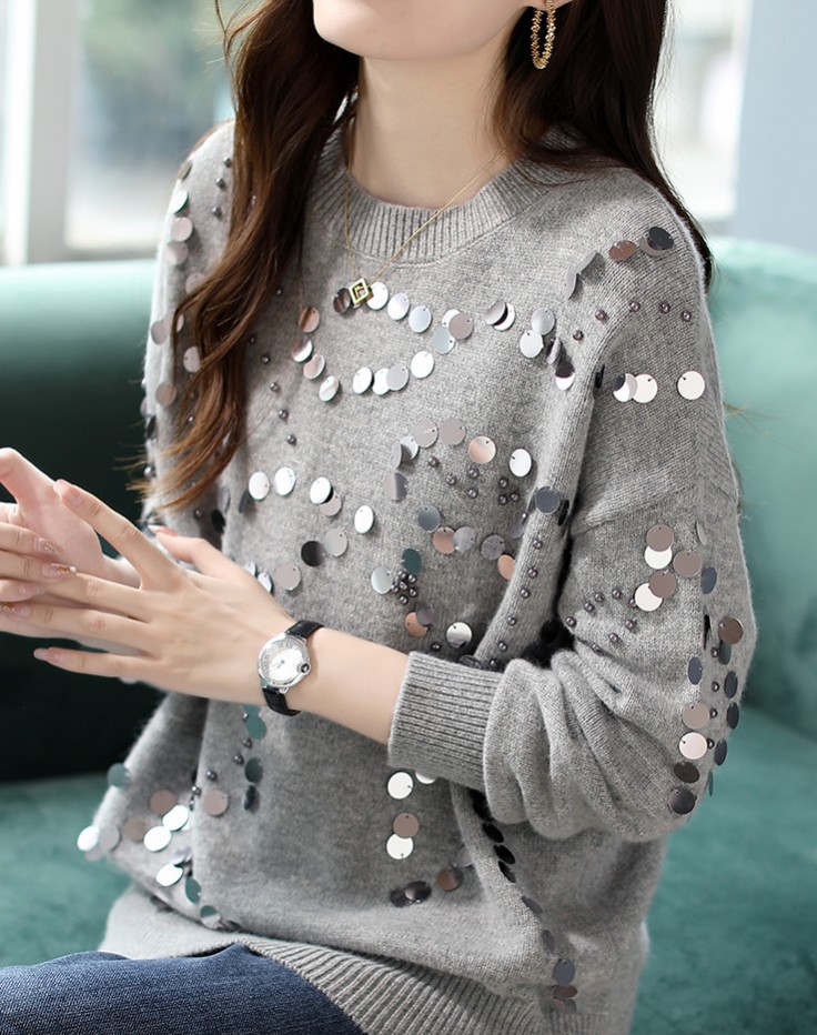 亮片时尚针织上衣秋季套头毛衣长袖2021宽松羊毛衫女装新款 针织