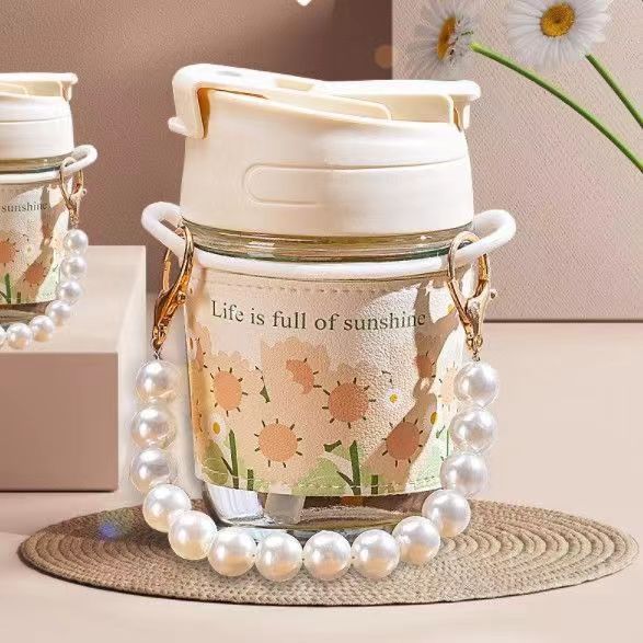 New Classic Style Water Cup Glass Cup Ins Good-looking Straw Cup High Temperature Resistant Pearl Bracelet Double Drink Cup