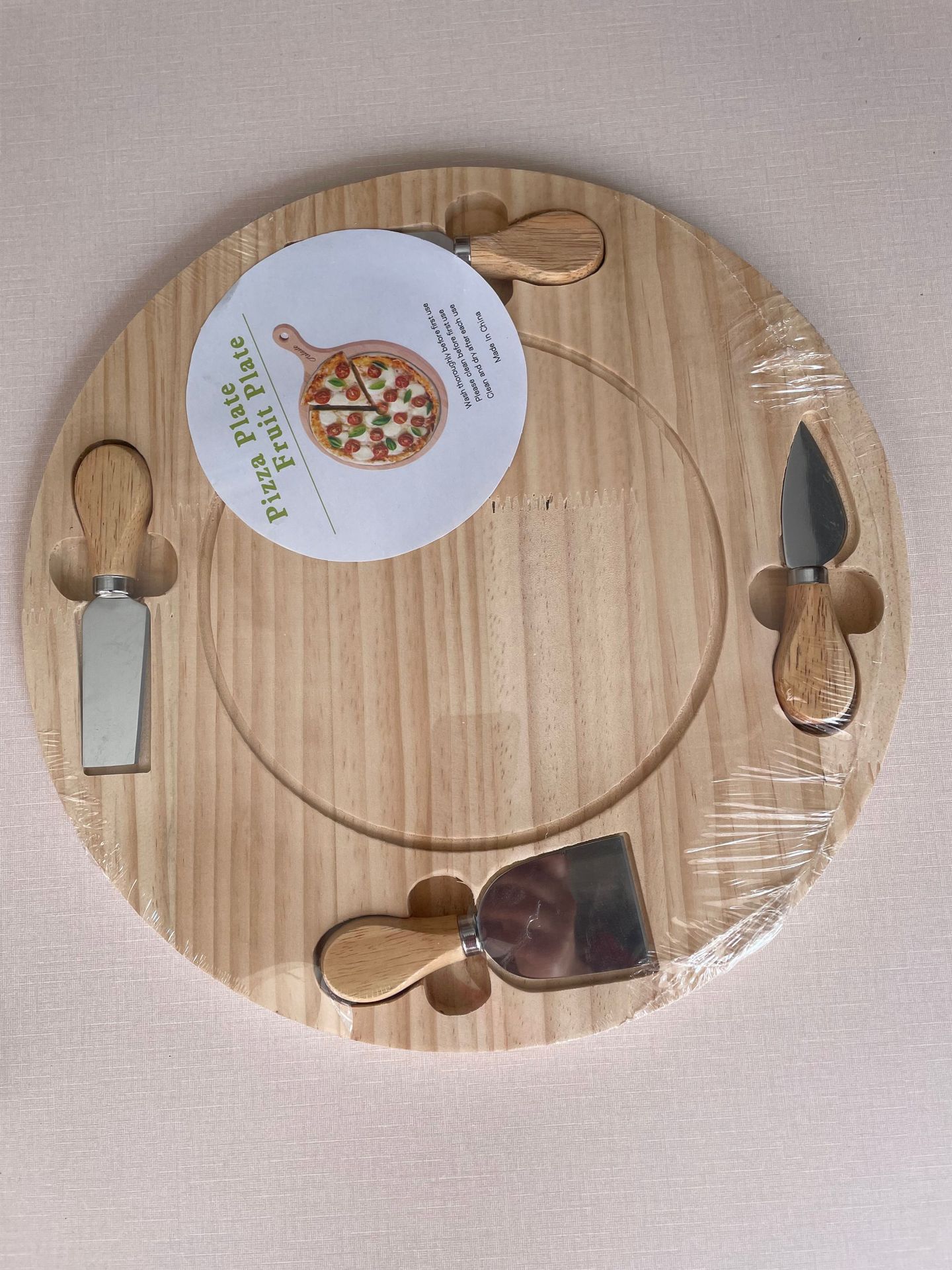 Cross-Border Rubber Wood Vegetable Board New Zealand Pine Household Pizza Plate Cheese Knife Combination Pizza Plate Suit