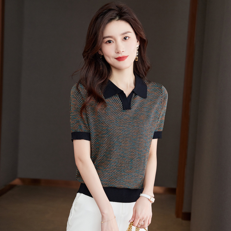 Middle-Aged Mom Ice Silk Sweater Short-Sleeved T-shirt with Collar Women's Summer Wear 2024 New Women's Clothing Polo Collar Top