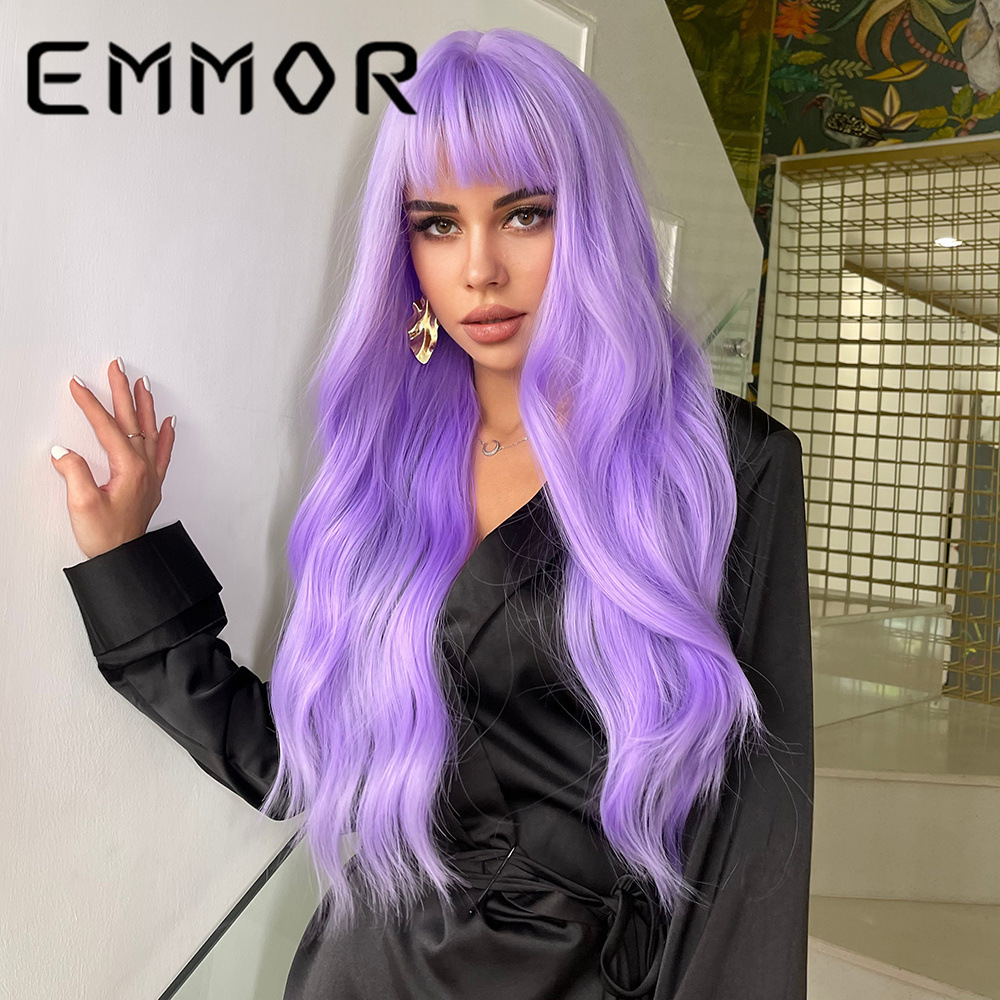 亚马逊欧美热销cosplay 齐刘海长卷发紫色假发 化纤假发头套wigs