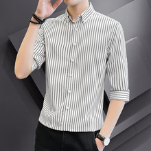 夏季衬衫男短袖韩版修身条纹衬衣中袖潮流帅气百搭休闲七分袖衬衫
