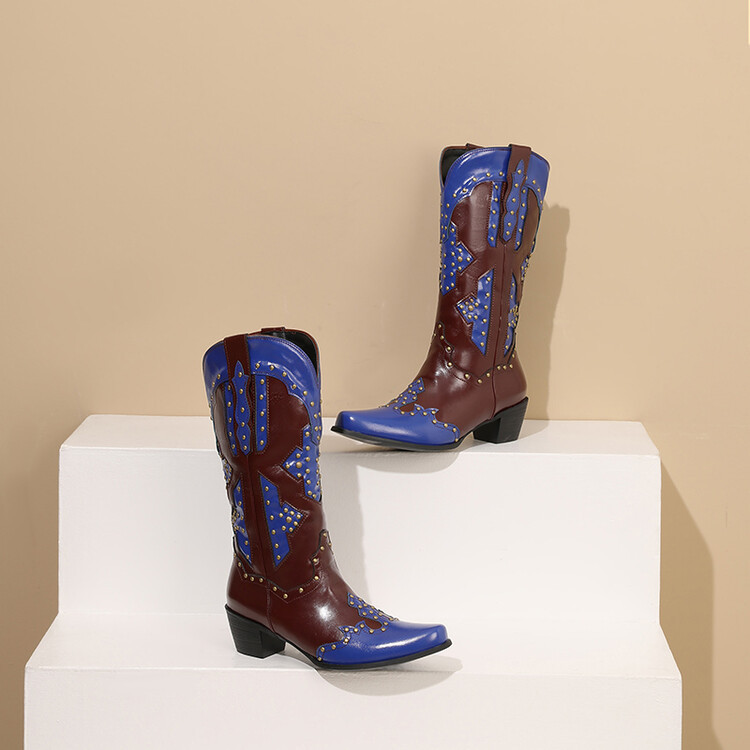 2024外贸新款欧美风小方头拼色铆钉时装靴粗跟中跟长筒西部靴女靴