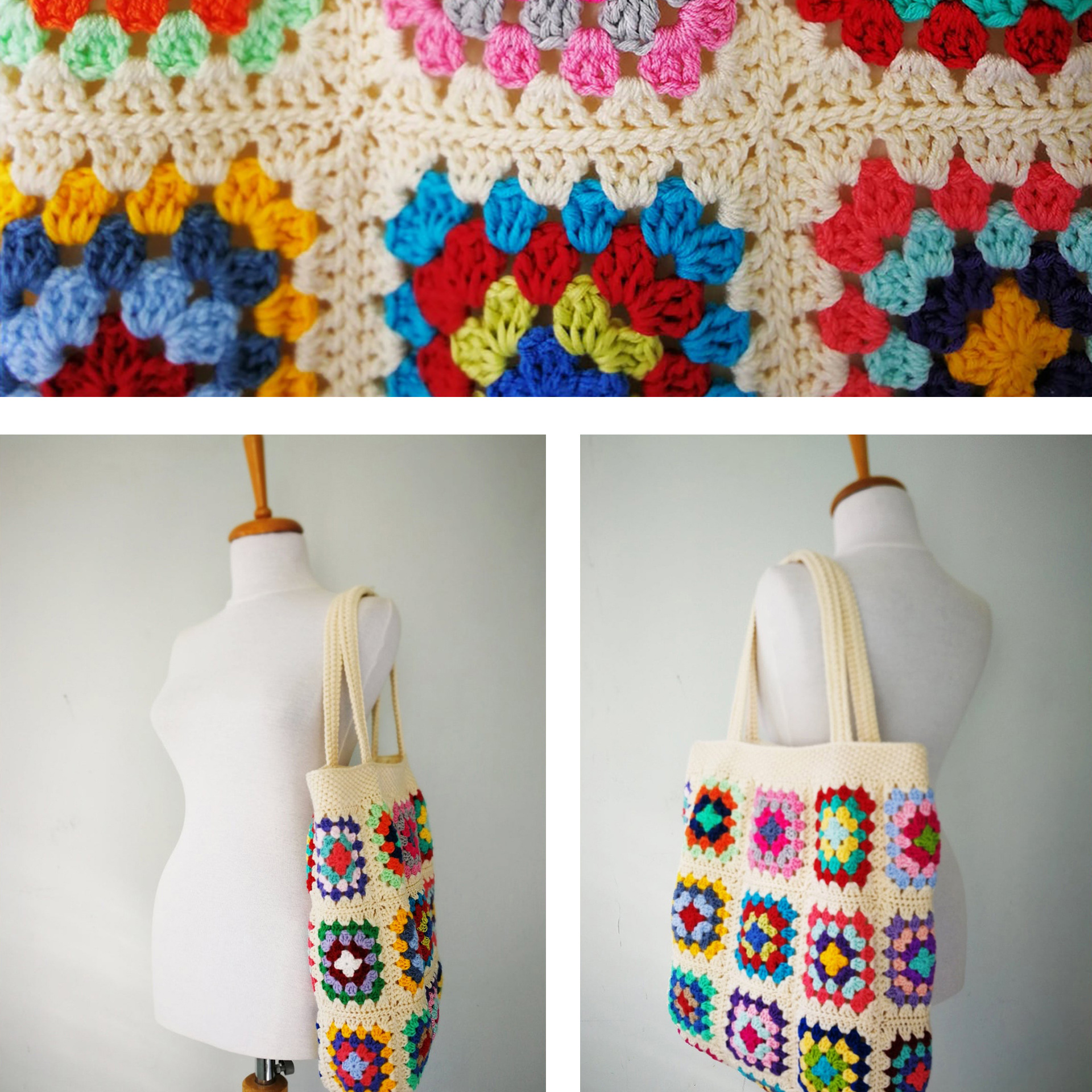 yunweny拼花钩针编织袋格兰尼方形袋钩针编织手提袋波西米亚女包