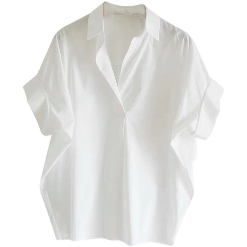 2023 Summer New Korean Style Loose All-Match Cotton White Shirt Loose Batwing Sleeve Collar Shirt Shirt for Women