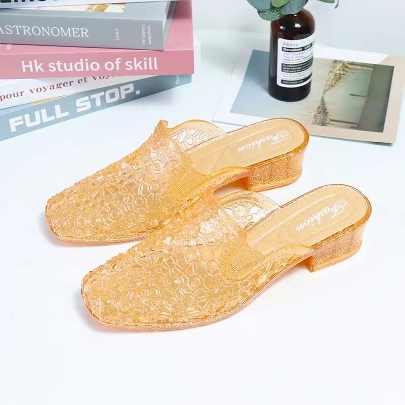 New Fashion Trending Sandals Women's Summer Beach Toe Cap Semi Slipper Lai Ren Crystal Slippers Thickened Mid Heel Non-Slip