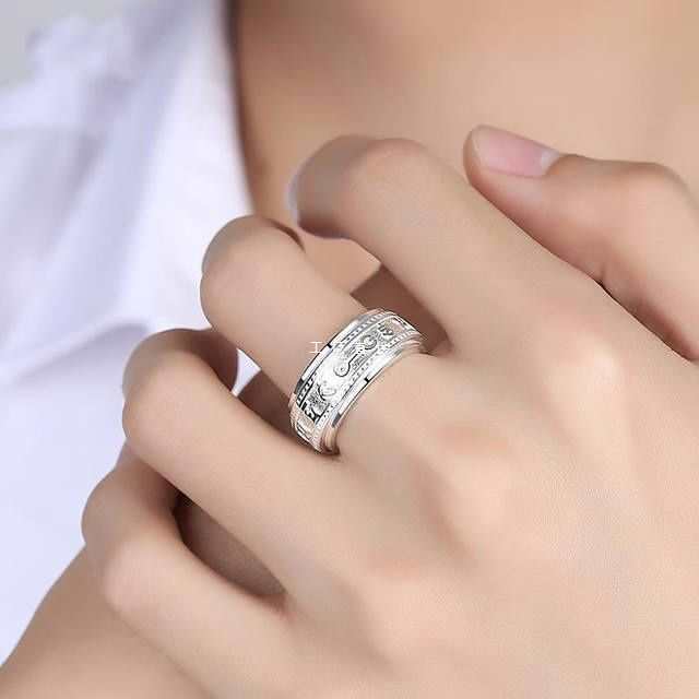 纯银戒指男单身转动食指戒六字真言旋转指环30到50岁泰银宽版指环