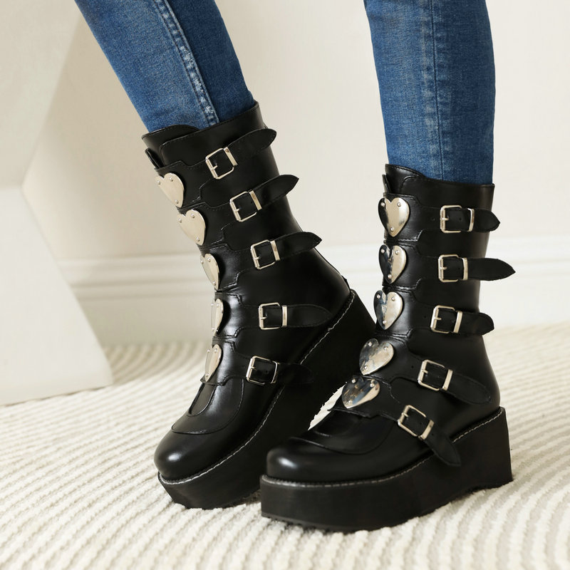 外贸女靴英伦风马丁靴松糕厚底坡跟哥特暗黑搭扣女中筒靴长筒靴女