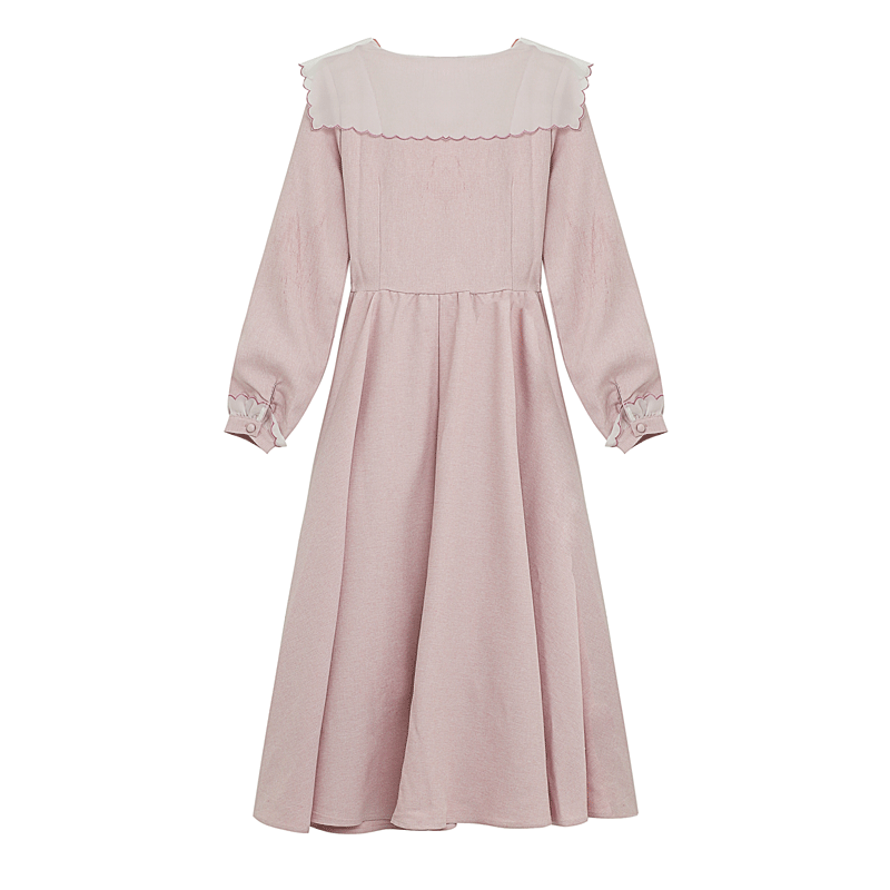 2021新款粉色刺绣收腰裙子浅色茶歇法式初恋长裙娃娃领温柔风穿搭