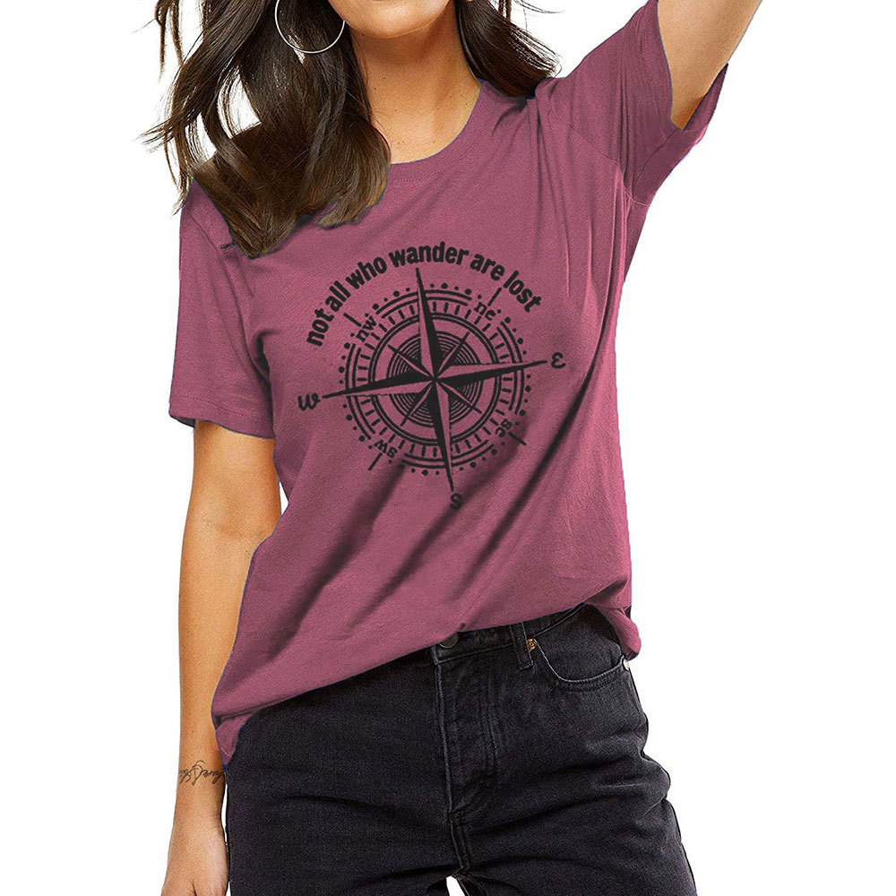 carney卡妮跨境欧美女上衣 亚马逊外贸指南针图案印花圆领短袖t恤