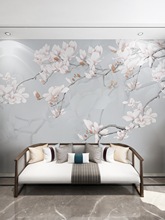 现代中式素色电视墙壁画客厅无缝背景墙装饰壁纸玉兰花卉墙纸