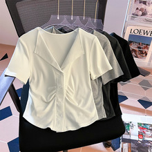 纯色短袖T恤女夏季新款设计感小众翻领褶皱单排扣短款上衣服批发