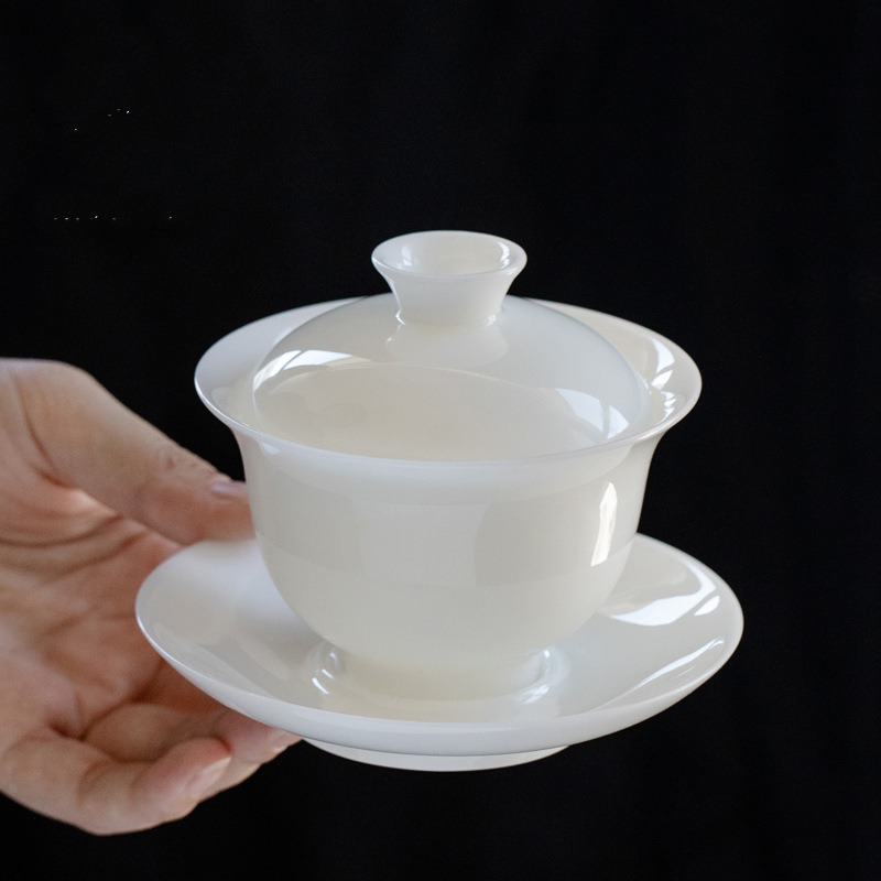 玩物尚置高档冰种玉瓷三才盖碗家用大号白瓷敬茶盖碗茶杯单个礼盒