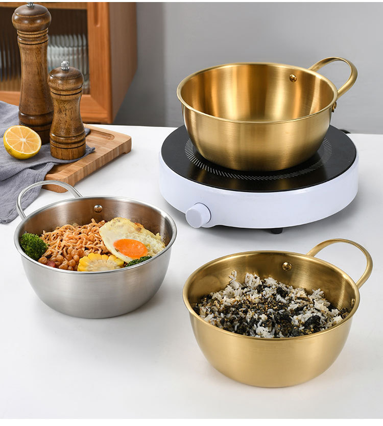 加厚不锈钢韩式米酒碗拌菜盆带把手碗金色泡面碗韩国调料碗料理盆