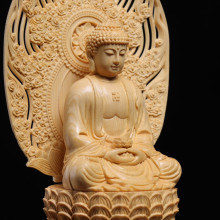 桧木雕刻三宝佛坐莲阿弥陀佛摆件29cm高 居家摆饰车摆饰品锦盒装