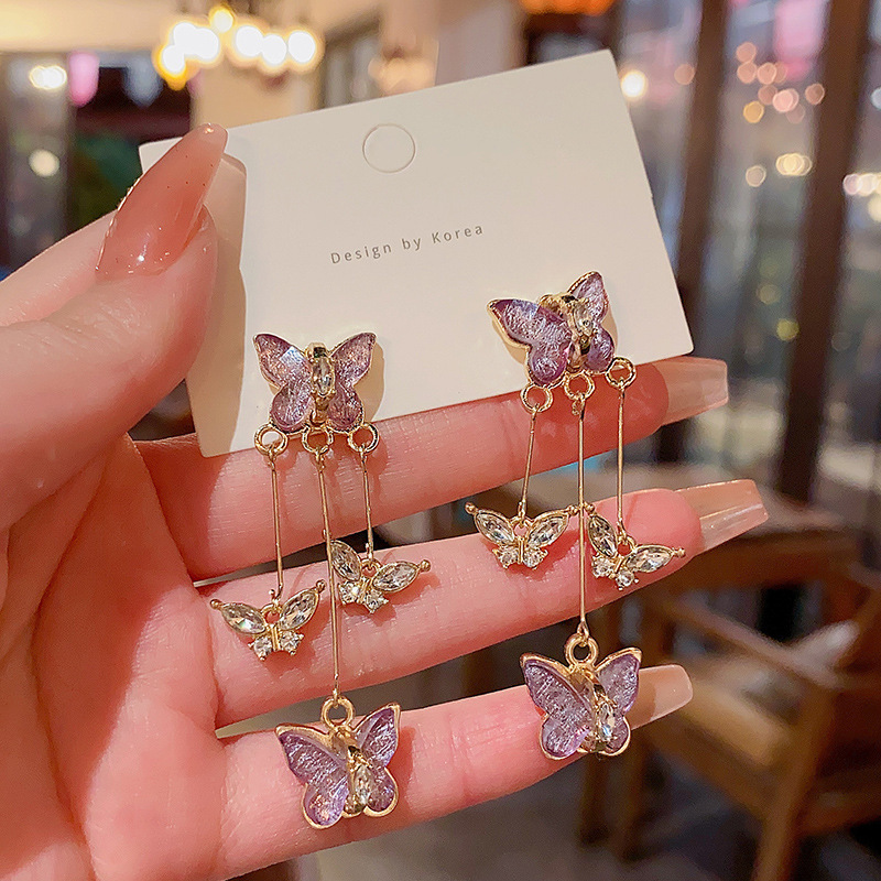 fairy temperamental purple butterfly long fringe earrings light luxury niche net red same style ear studs earrings