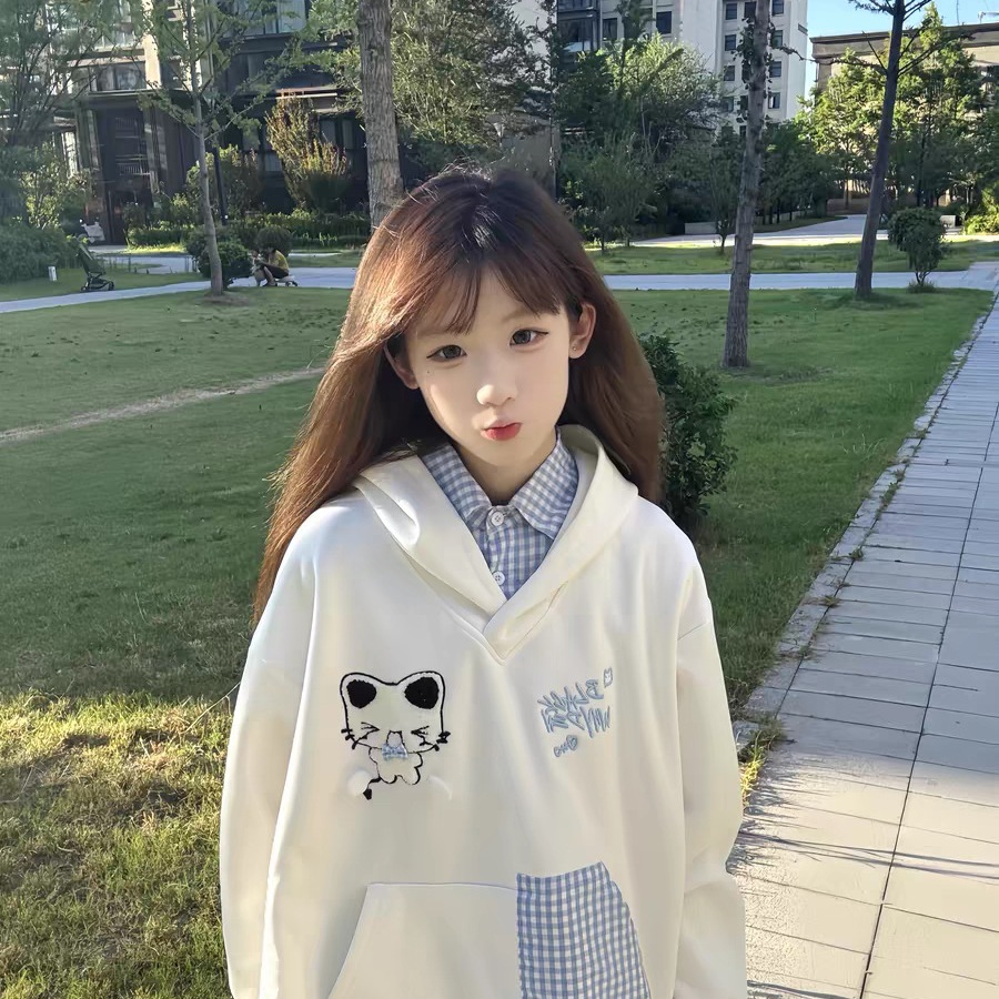 美式复古猫咪刺绣假两件连帽卫衣女秋季学院风宽松慵懒风情侣上衣
