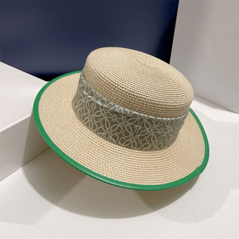 网红新款绿边线条平顶草帽百搭草编大檐帽海边防晒遮阳沙滩帽女夏