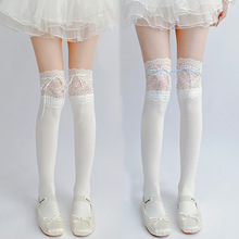白色蕾丝花边绑丝带天鹅绒过膝袜洛丽塔可爱甜美小腿袜子女中筒袜