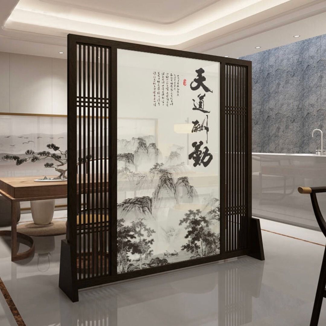 新中式屏风隔断办公室客厅玄关实木格栅风水家用半透茶室移动座屏