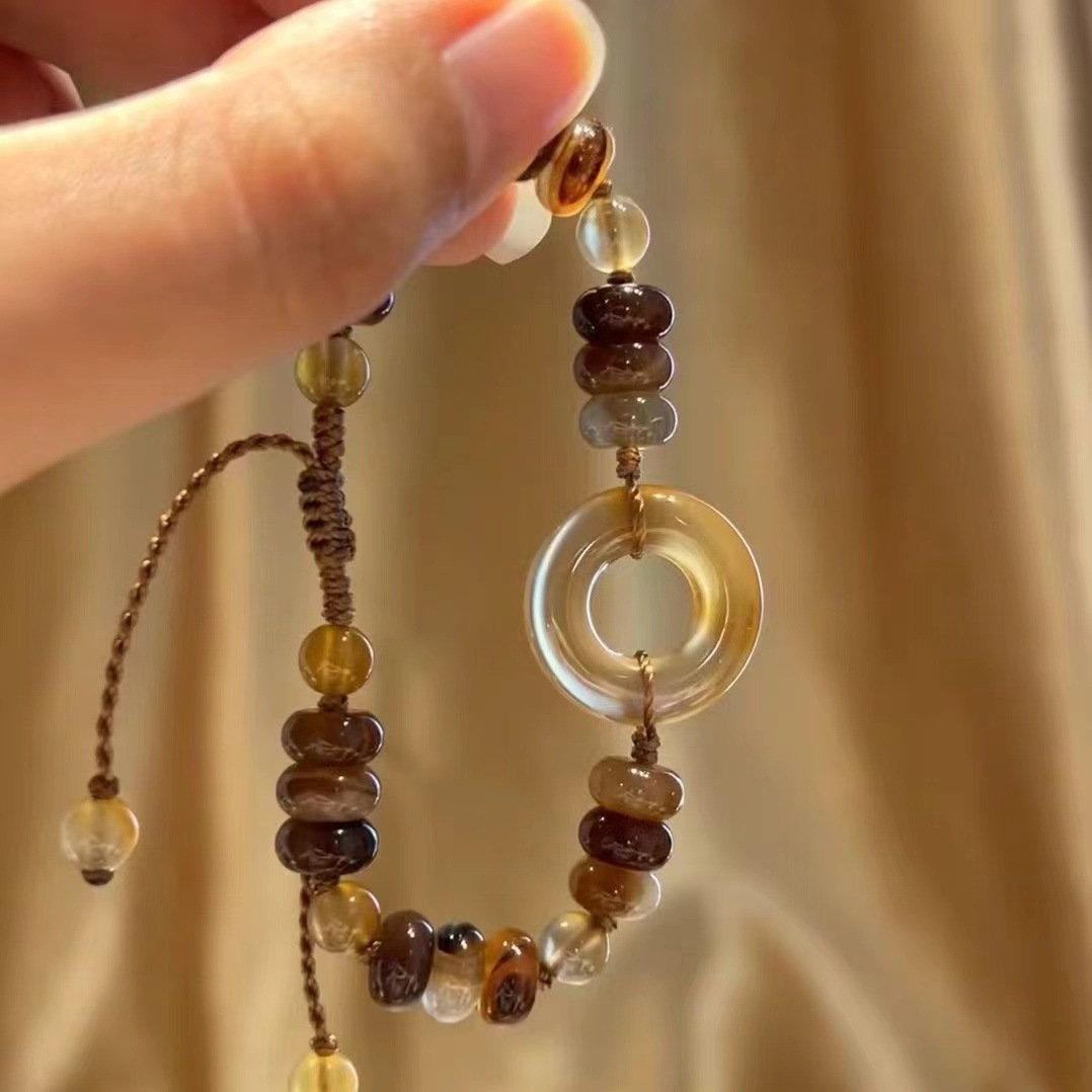 新中式平安扣棕色串珠编织可抽拉手链女小众轻奢民族风高颜值手饰