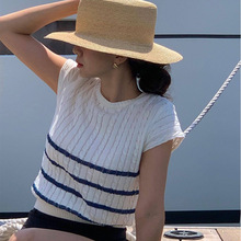 东大门夏季新款海军风条纹圆领短袖针织上衣短款女针织衫显瘦t恤