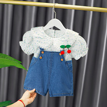 夏季新款儿童套装童装代发女童娃娃领可爱背带短裤两件套装1622