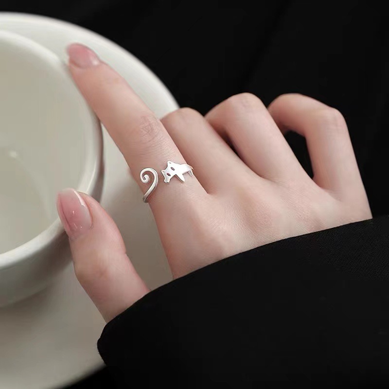 925 Cat Ring Women's Special-Interest Design Light Luxury Ring Spring Index Finger Ring Self-Discipline Open Ring