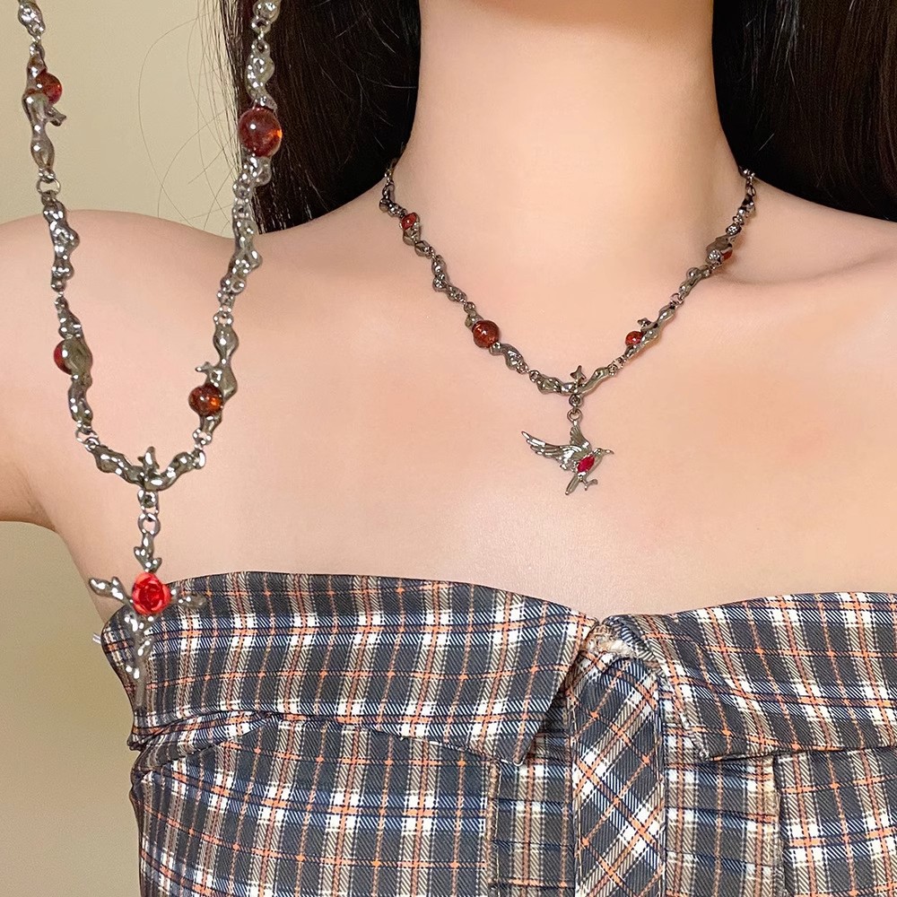sweet cool hot girl style rose cross necklace female niche design personality bird pendant clavicle chain advanced