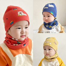 秋冬季卡通儿童套头帽围巾脖套两件套 印花婴儿宝宝帽子围脖套装