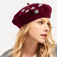 秋冬款 帽子钉珠花朵保暖女无檐针织帽户外时尚休闲贝雷帽 帽子