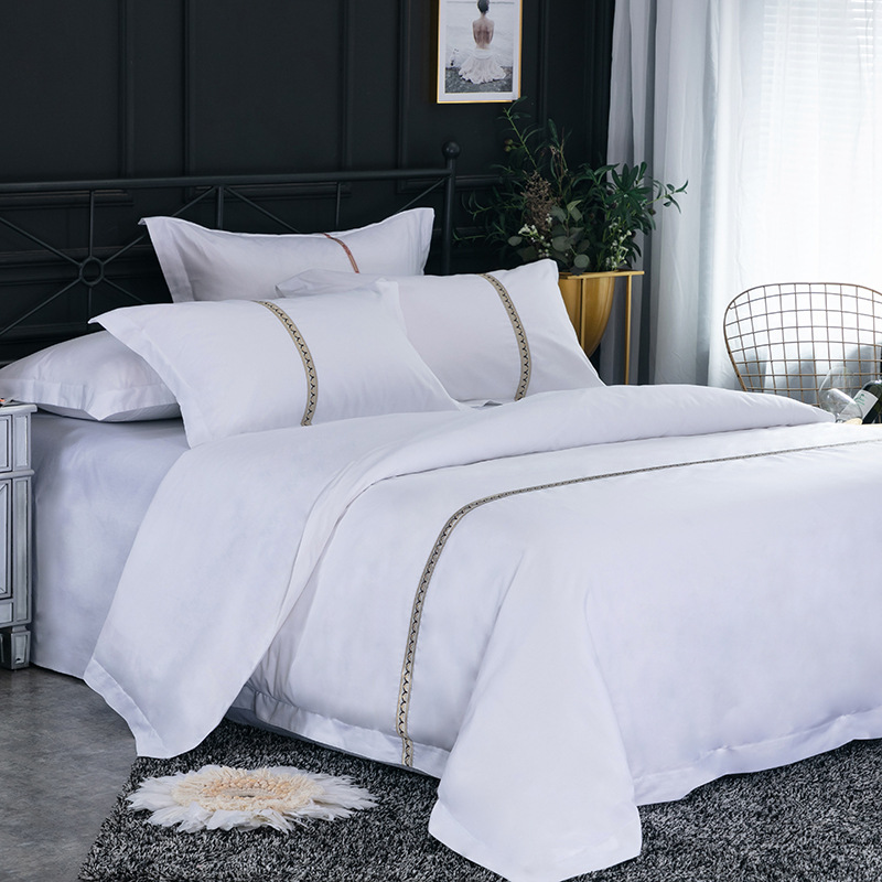 【简约四件套】纯棉家用床上用品酒店布草缎条白色宾馆四件套批发