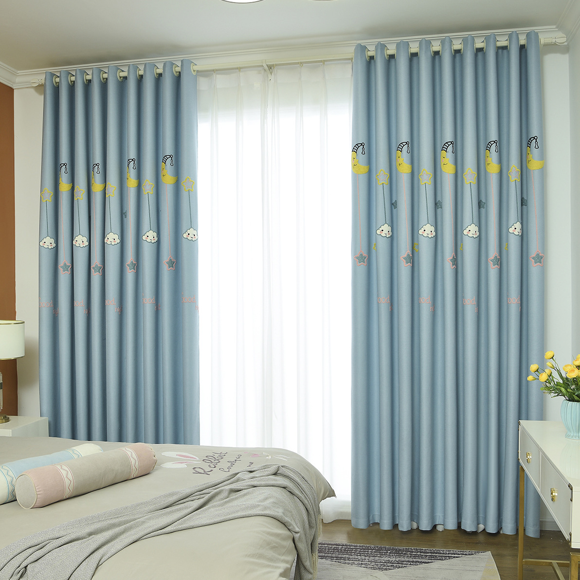 儿童房飘窗遮光窗帘免打孔安装卡通成品短帘男孩女孩卧室拼接帘