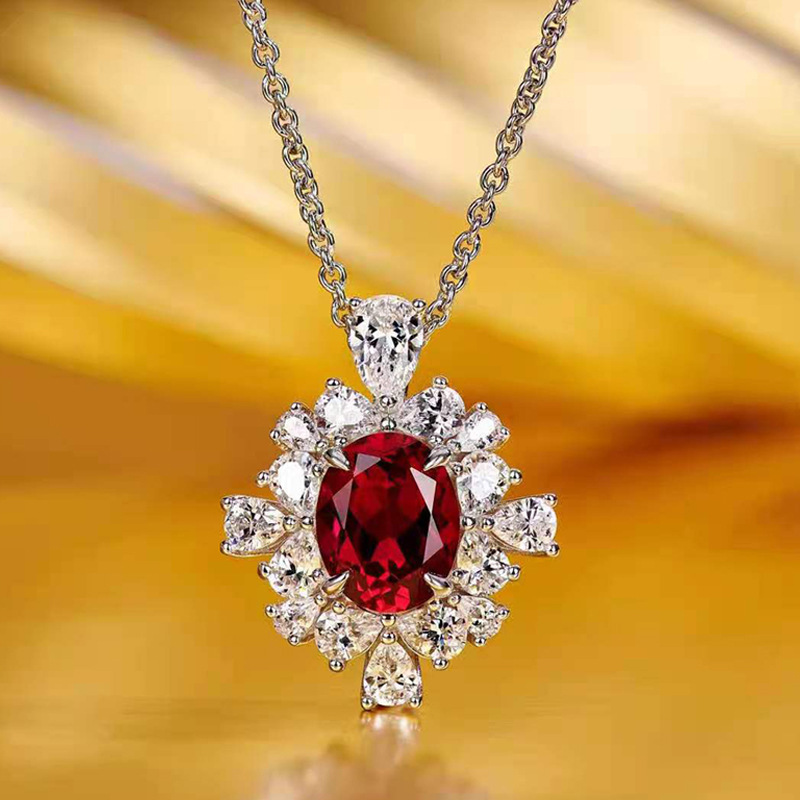 诗嘉珠宝 925纯银18k金鸽子血红仿真红宝石项链 璀璨2.