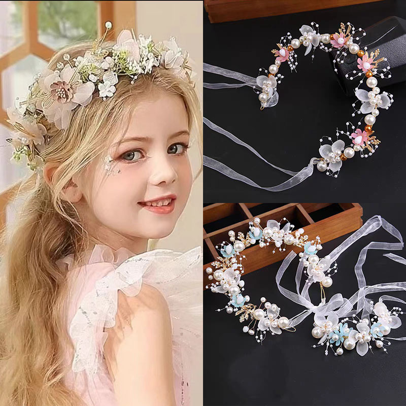 儿童花环发带发箍珍珠皇冠头饰公主精致表演拍照飘带花环女童发饰