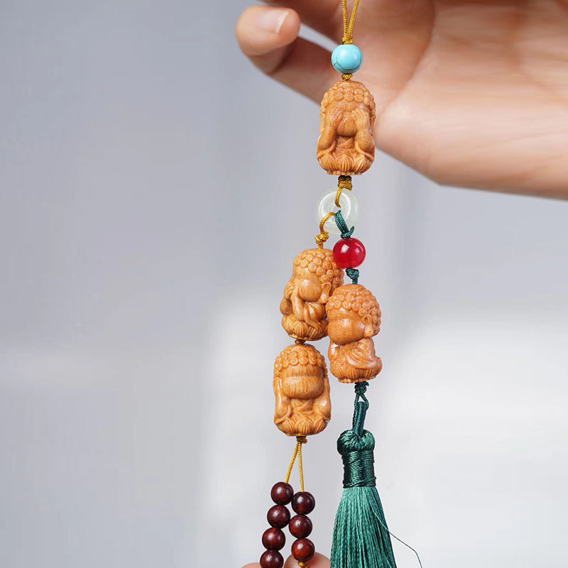 芭比檀香木雕四不佛挂饰创意檀木流苏汽车挂件手机链木质文玩把玩