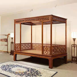 红木家具缅甸黄花梨高低床双人床清式明式千工拔步床缅花架子床