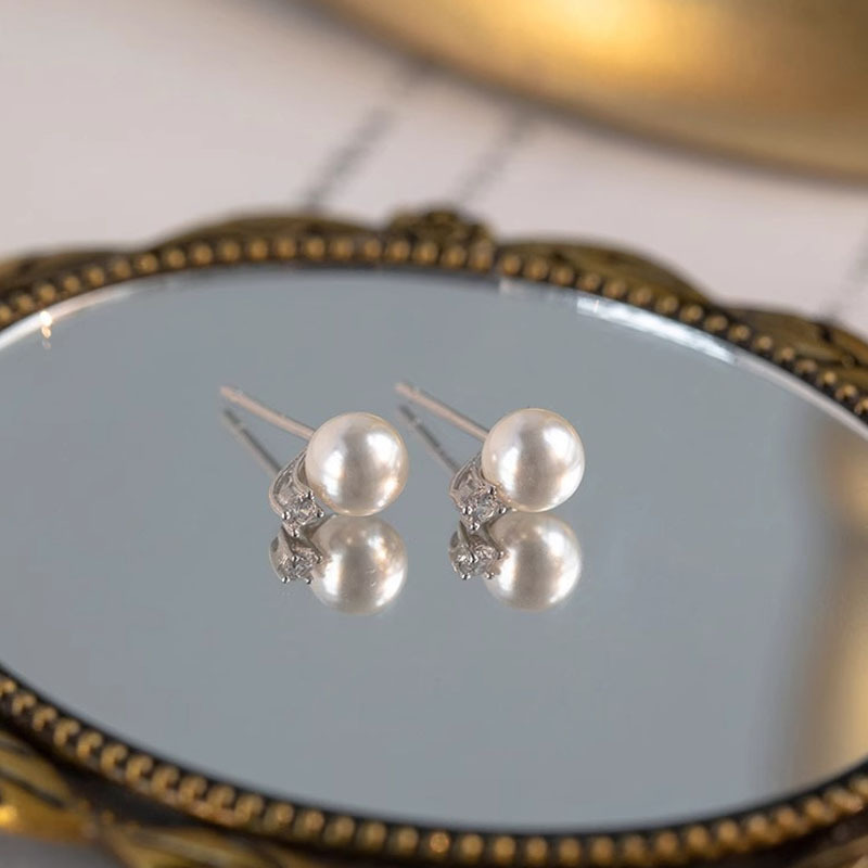 Tiqi Japanese Minimalist S925 Sterling Silver Imitation Pearl Earrings Women's Exquisite Petite Earrings Inlaid Zircon Fashion Ear Jewelry