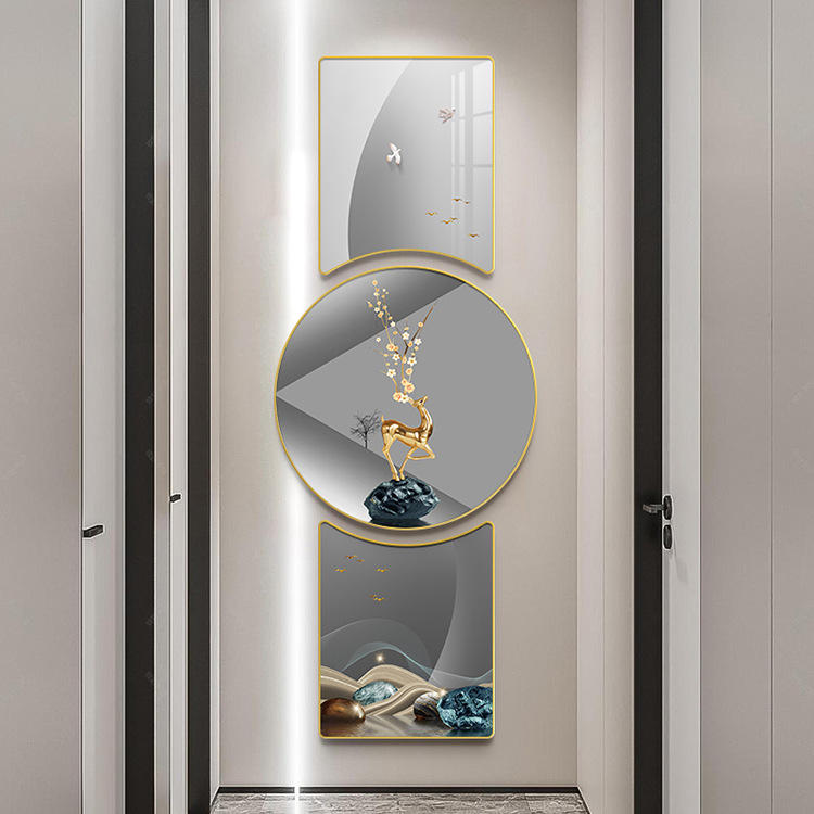 现代简约玄关画装饰画 福鹿创意新款竖版三联过道客厅 组合挂画轻