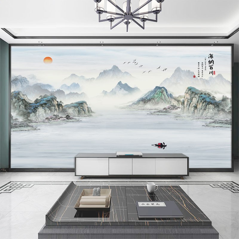 水墨山水电视背景墙壁纸新中式海纳百川客厅墙布影视墙纸大气壁画