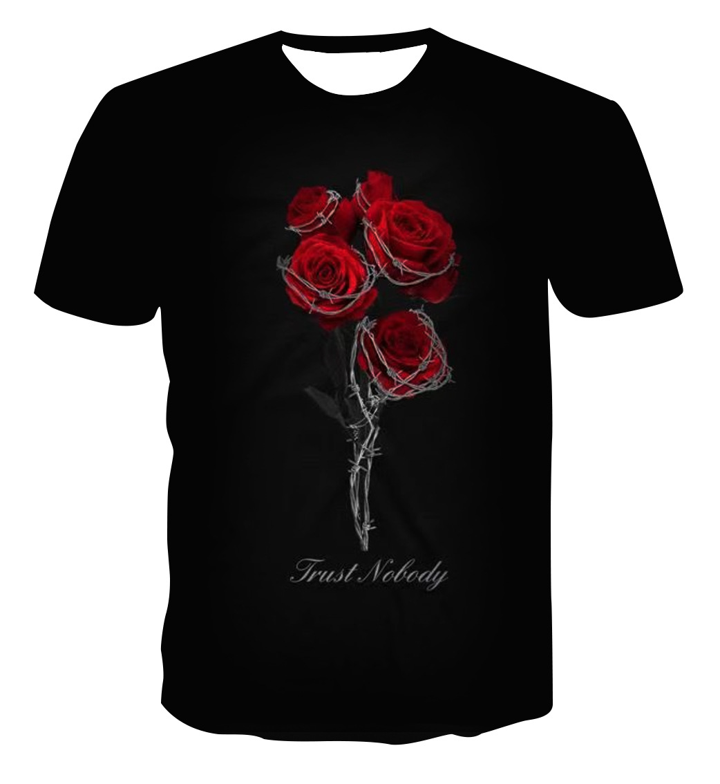 2021年欧美新款英文字母玫瑰花图案 3d数码印花男款休闲短袖t恤