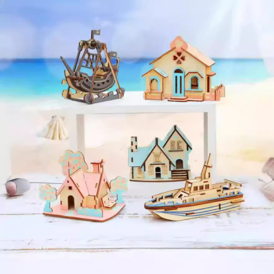 儿童木质拼图3d模型玩具男女孩积木6岁以上diy礼物篮球滑雪机