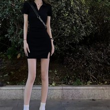 小妈包臀连衣裙女夏季黑色polo美式时尚辣妹修身小个子甜辣短裙子